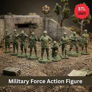 Könnte beinhalten: Eine Sammlung grüner Militärfiguren in verschiedenen Posen, darunter stehend und kniend. Die Figuren stehen auf kreisförmigen Sockeln vor dem Hintergrund eines Bunkers und Bäumen. Der Text "Military Force Action Figure" befindet sich am unteren Rand.