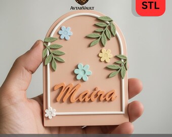 Custom Arch Name Sign | Floral Name Plaque, Kids Room Decor (STL 3MF)