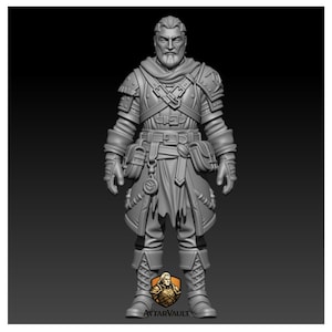 May include: A gray 3D rendered miniature figure of a middle-aged warrior with a beard, wearing layered armor, a scarf, and multiple belts with pouches. The figure features a circular pendant and a logo at the base reading AvtarVault.