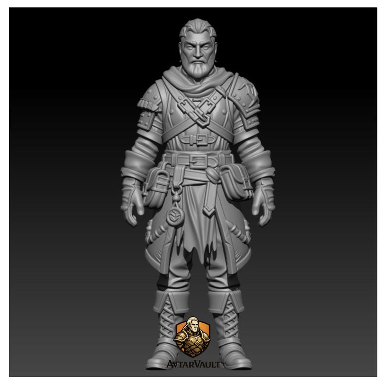 May include: A gray 3D rendered miniature figure of a middle-aged warrior with a beard, wearing layered armor, a scarf, and multiple belts with pouches. The figure features a circular pendant and a logo at the base reading AvtarVault.
