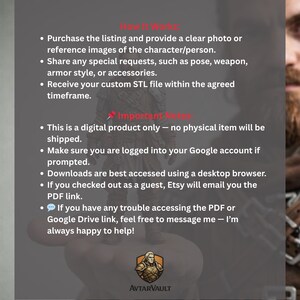 May include: A digital product information graphic with red headers How It Works and Important Notes. It lists instructions for purchasing custom STL files, including providing reference photos, special requests, and digital download details.