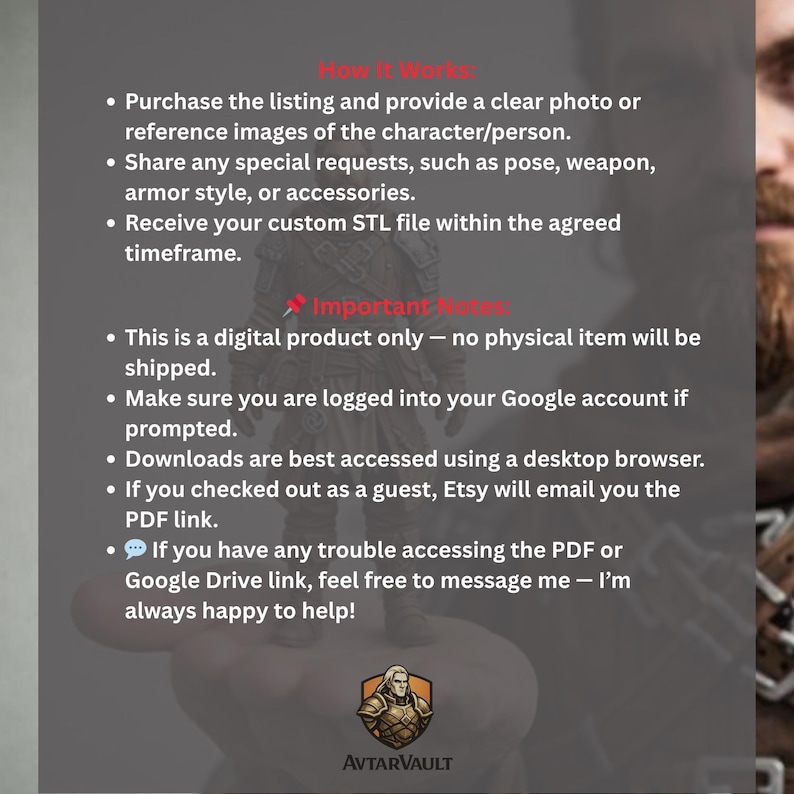 May include: A digital product information graphic with red headers How It Works and Important Notes. It lists instructions for purchasing custom STL files, including providing reference photos, special requests, and digital download details.