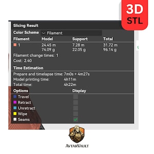 May include: A digital 3D printing slicing result interface displaying technical data including filament usage of 31.72 m and 96.14 g, a total print time of 4h22m, and a red 3D STL label in the corner with the AvtarVault logo at the bottom.