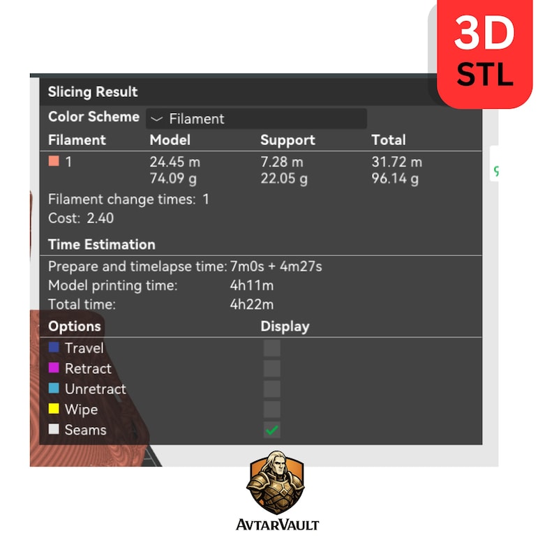 May include: A digital 3D printing slicing result interface displaying technical data including filament usage of 31.72 m and 96.14 g, a total print time of 4h22m, and a red 3D STL label in the corner with the AvtarVault logo at the bottom.