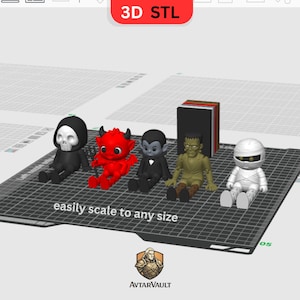 K&ouml;nnte beinhalten: Eine digitale 3D-STL-Datei mit f&uuml;nf stilisierten Monsterfiguren, darunter ein Skelett, ein roter Teufel, ein Vampir, eine gr&uuml;ne Kreatur und eine wei&szlig;e Mumie. Der Text 3D STL, easily scale to any size und das AvtarVault-Logo sind sichtbar.