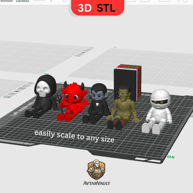 K&ouml;nnte beinhalten: Eine digitale 3D-STL-Datei mit f&uuml;nf stilisierten Monsterfiguren, darunter ein Skelett, ein roter Teufel, ein Vampir, eine gr&uuml;ne Kreatur und eine wei&szlig;e Mumie. Der Text 3D STL, easily scale to any size und das AvtarVault-Logo sind sichtbar.