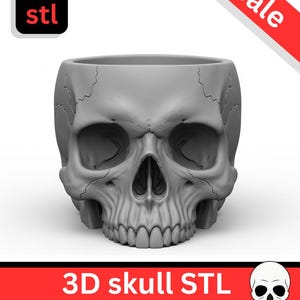 May include: A gray 3D-printed skull-shaped planter or container. The skull has detailed features, including eye sockets, a nasal cavity, and teeth. The image includes the text "3D skull STL" and a "Sale" banner.