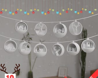 Puede incluir: Conjunto de adornos navideños blancos con diversas escenas invernales y diseños de renos. Los adornos cuelgan de una cuerda con estrellas y adornos decorativos. El texto "CHRISTMAS ORNAMENT STL BUNDLE" está en la parte superior.