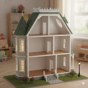 May include: A detailed dollhouse with a green roof, white trim, and multiple open rooms. The dollhouse has a light beige exterior, wooden floors, and small windows. A miniature black lamppost and small bushes are in front of the house.