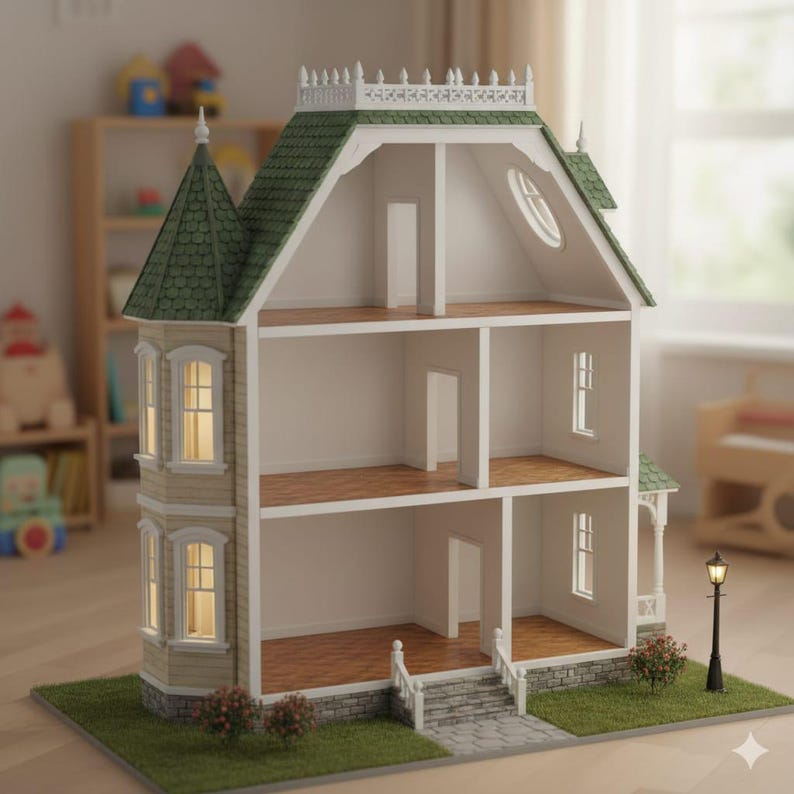 May include: A detailed dollhouse with a green roof, white trim, and multiple open rooms. The dollhouse has a light beige exterior, wooden floors, and small windows. A miniature black lamppost and small bushes are in front of the house.
