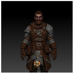 May include: A 3D digital figurine of a character with a brown beard and hair, wearing brown leather armor with silver shoulder plates, multiple belts, pouches, and a light-colored cloth underlayer. A small logo is visible at the bottom center.