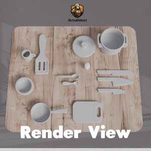 May include: A set of light gray toy kitchen utensils and cookware arranged on a light wood surface. The collection includes a pot with a lid, a pan, a spatula, a cutting board, three knives, a small cup, a bowl, a spoon, and a fork.