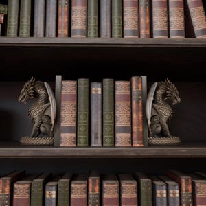 Op de afbeelding: Een donkerhouten boekenplank vol antieke boeken. Twee bronzen drakenboekensteunen flankeren een rij boeken. De boeken hebben verschillende kleuren en texturen, met decoratieve patronen en verouderde covers.