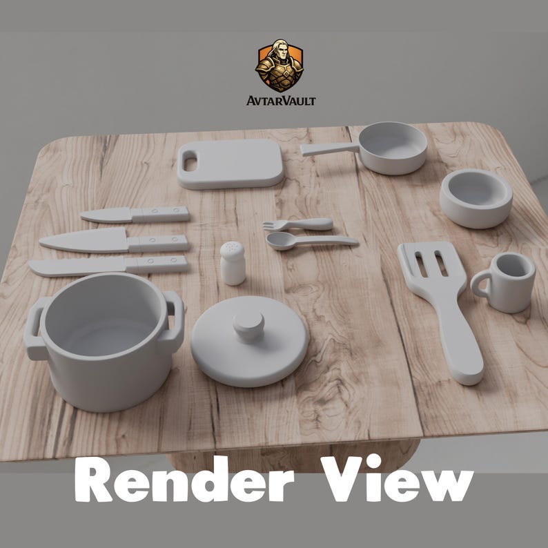 May include: A set of matte light gray toy kitchen accessories including a pot with a lid, a pan, a cutting board, three knives, a fork, a spoon, a spatula, a small bowl, a mug, and a salt shaker, all arranged on a light wood grain surface.
