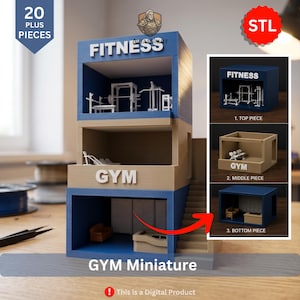 May include: A three-story modular gym miniature set featuring 20 pieces. The top level is blue with the text FITNESS, the middle is tan with the text GYM, and the bottom is blue. Includes a staircase and various white gym equipment models.