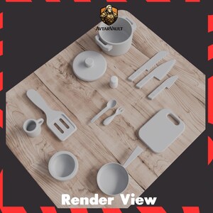 May include: A light gray toy kitchen set featuring a pot with a lid, a frying pan, a cutting board, three knives, a spatula, a small cup, a bowl, a spoon, a fork, and a shaker. The set is arranged on a wooden surface with the text AvtarVault.