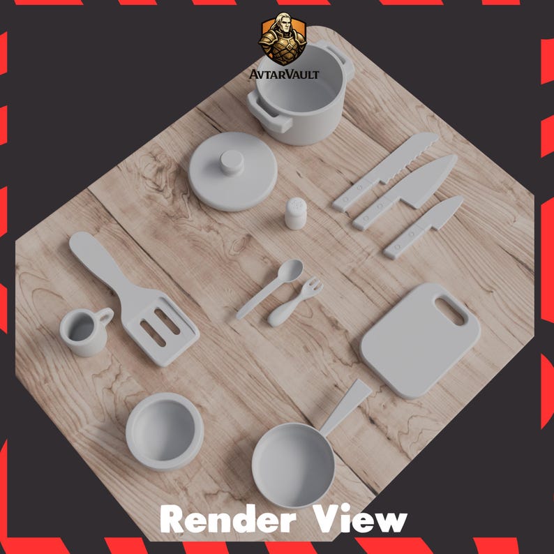 May include: A light gray toy kitchen set featuring a pot with a lid, a frying pan, a cutting board, three knives, a spatula, a small cup, a bowl, a spoon, a fork, and a shaker. The set is arranged on a wooden surface with the text AvtarVault.