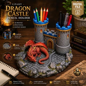 May include: A 3-part dragon castle pencil holder featuring a gray stone-textured fortress with two towers and a central gate. A red dragon is coiled on the cobblestone base. The text reads 3 PART DRAGON CASTLE PENCIL HOLDER and DIGITAL FILE.