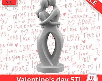May include: A gray sculpture of two embracing figures, kissing. The base is round. The background has handwritten words and hearts. Text on the image says "3D STL", "SALE", and "Valentine's day STL". A calendar icon shows February 14.