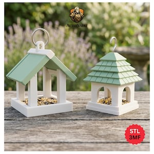 May include: Two white and green bird feeders with a roof design. One has a rectangular shape, and the other has a pagoda-style roof. Both are filled with birdseed and have a metal hanging loop. The AvtarVault logo is visible.