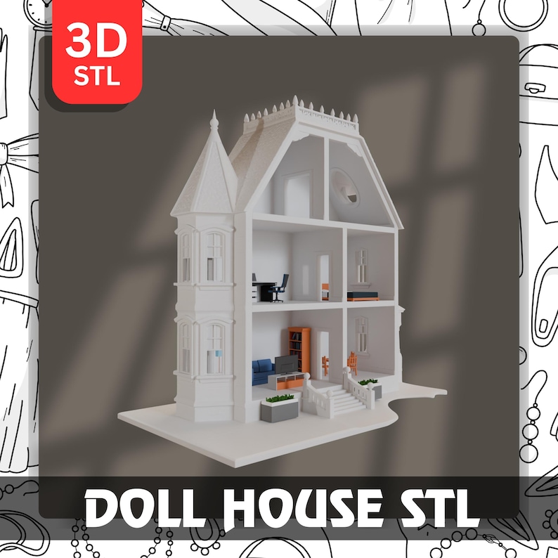 May include: A white dollhouse with multiple rooms, a tower, and a detailed facade. The interior includes miniature furniture and decor. The image has the text "3D STL" in a red box and "DOLL HOUSE STL" at the bottom.