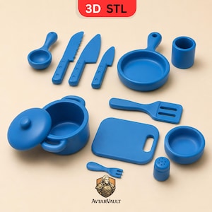 May include: A set of blue toy kitchen utensils and cookware including a pot with a lid, a pan, a cutting board, three knives, a spatula, a fork, a small bowl, a cup, and a shaker. The text 3D STL is visible at the top of the image.