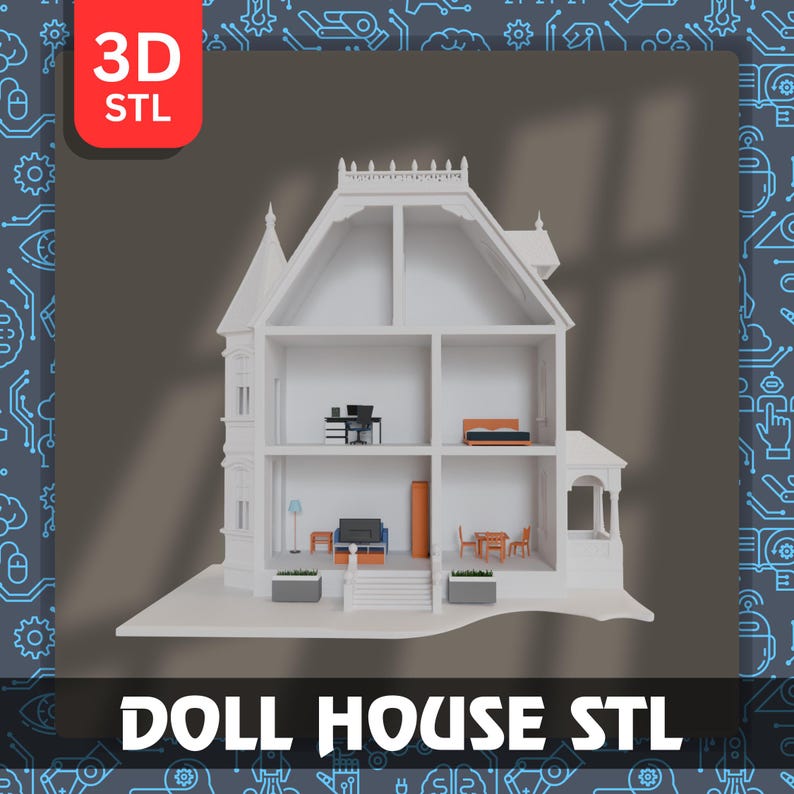 May include: A white doll's house with an open front, revealing furnished rooms. The image features the text "3D STL" in a red box and "DOLL HOUSE STL" at the bottom, indicating a 3D printable design.