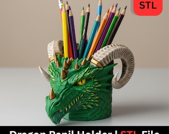 Potloodhouder drakenkop STL-bestand | Fantasy bureau-organizer (digitale download)