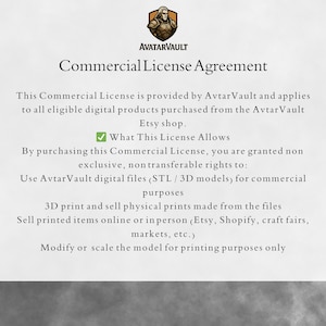 Könnte beinhalten: Kommerzielle Lizenzvereinbarung von AvtarVault. Das Dokument beschreibt die Bedingungen für die Nutzung digitaler Produkte, die im Etsy-Shop erworben wurden. Es gewährt nicht übertragbare Rechte zur kommerziellen Nutzung digitaler Dateien, zum 3D-Druck und zum Verkauf von Druckartikeln.