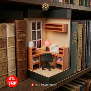 May include: A miniature diorama of a cozy home office, complete with a desk, chair, lamp, and window. The scene is nestled between bookshelves filled with classic literature. The diorama is a digital product, as indicated by the text on the image.