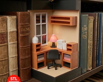 May include: A miniature diorama of a cozy home office, complete with a desk, chair, lamp, and window. The scene is nestled between bookshelves filled with classic literature. The diorama is a digital product, as indicated by the text on the image.