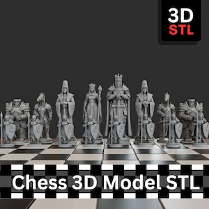 May include: A chess set with detailed gray pieces, including knights, queens, and kings, arranged on a checkered board. The pieces are in a medieval theme. The text "Chess 3D Model STL" is displayed at the bottom and "3D STL" in the upper right corner.