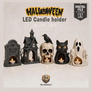 Könnte beinhalten: Ein Set aus fünf Halloween LED-Kerzenhaltern als 3D-STL-Dateien zum Drucken. Die Designs umfassen einen Grabstein mit RIP-Aufschrift, ein gotisches Haus, einen Totenkopf mit Rabe, eine schwarze Katze und ein Gespenst, jeweils mit Teelicht.