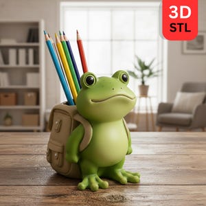 May include: A green frog-shaped pencil holder with a tan backpack, holding colorful pencils. The frog has large, black eyes and is standing on a wooden surface. The pencils are blue, yellow, green, and red.