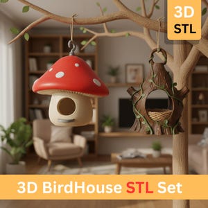 Puede incluir: Un conjunto de dos casas para pájaros en 3D. Una tiene forma de seta roja con lunares blancos, la otra es un diseño de tronco de árbol marrón con un nido tejido. El texto "3D BirdHouse STL Set" se muestra en una pancarta amarilla.