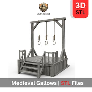 May include: A gray wooden medieval gallows structure with three nooses hanging from a crossbeam. The gallows has a raised platform with stairs and railings. The image includes the text "Medieval Gallows | STL Files".