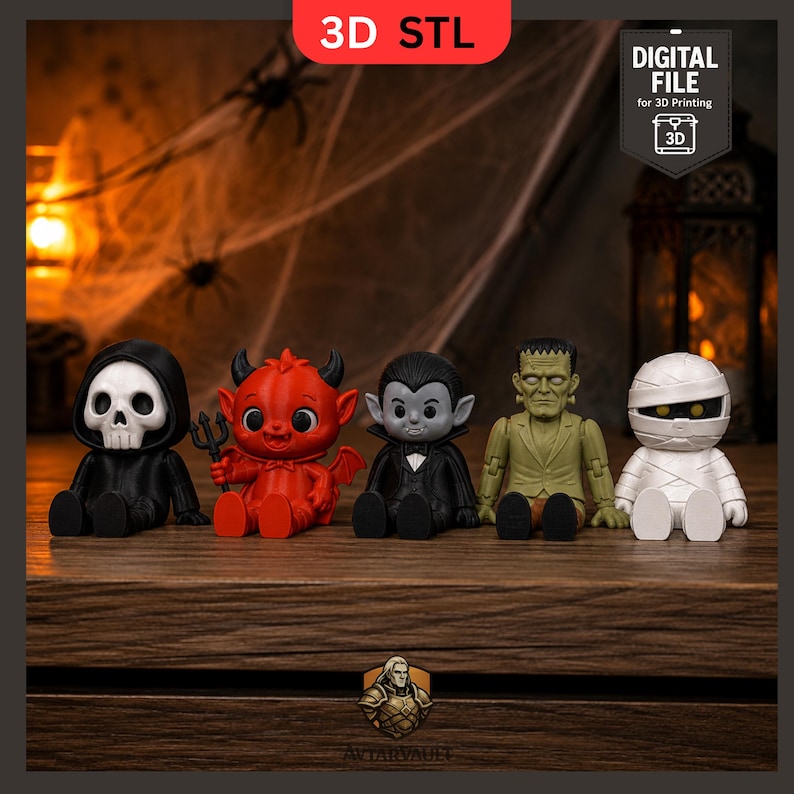 K&ouml;nnte beinhalten: F&uuml;nf kleine 3D-gedruckte Figuren: ein Totenkopf-Wesen in schwarzer Robe, ein roter Teufel mit Dreizack, ein Vampir im schwarzen Anzug, ein gr&uuml;nes Monster mit N&auml;hten und eine wei&szlig;e Mumie. Der Text lautet 3D STL und DIGITAL FILE for 3D Printing.