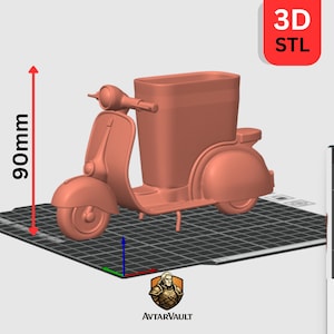 May include: A 3D STL file of a peach-colored scooter-shaped container. The design features a front headlight, handlebars, and a large rectangular storage compartment in the rear. A vertical measurement indicator shows a height of 90mm.