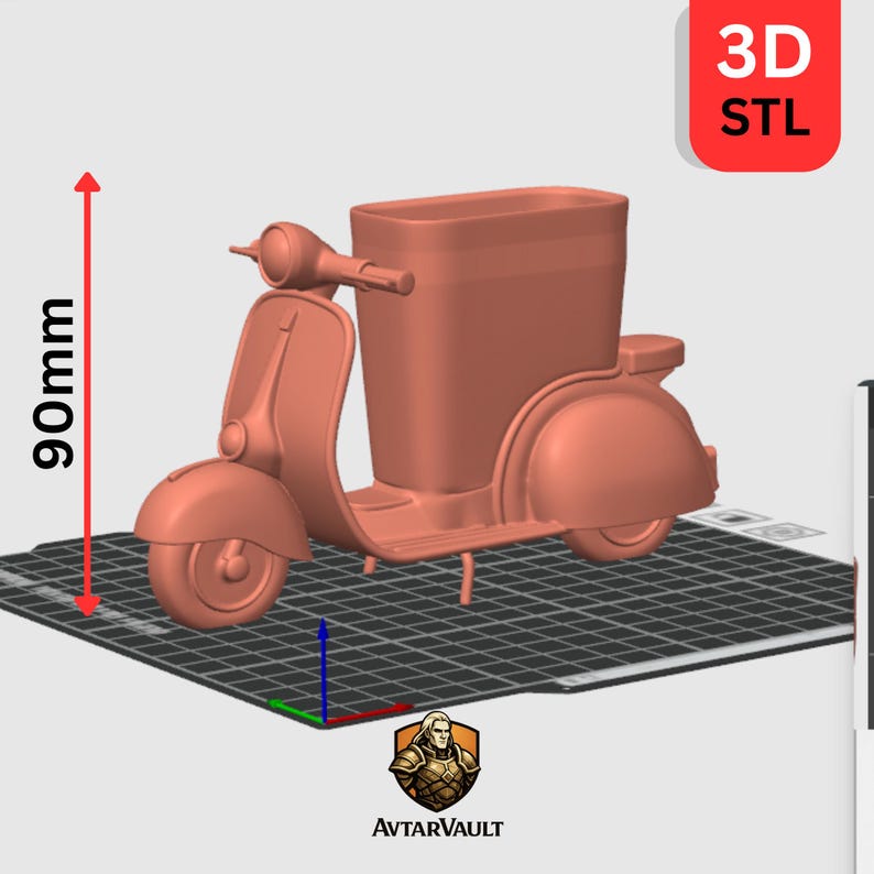 May include: A 3D STL file of a peach-colored scooter-shaped container. The design features a front headlight, handlebars, and a large rectangular storage compartment in the rear. A vertical measurement indicator shows a height of 90mm.