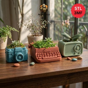 Puede incluir: Tres macetas decorativas con forma de cámara, máquina de escribir y radio. La maceta de la cámara es de color turquesa, la máquina de escribir es de color marrón rojizo y la radio es verde. Cada maceta contiene vegetación.