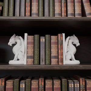 Op de afbeelding: Witte drakenboekensteunen met gedetailleerde vleugels en schubben, die een rij vintage boeken op een donkere houten plank flankeren. De boekensteunen voegen een vleugje fantasie toe aan elke boekenplank. De boeken hebben verschillende kleuren en texturen.