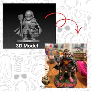 May include: A 3D model and a 3D print of a figurine featuring a person with glasses, a beard, and a cape, holding a staff with a rectangular top and a cat. The figure wears a shirt with a yellow star, shorts, and shoes, standing on a circular base.