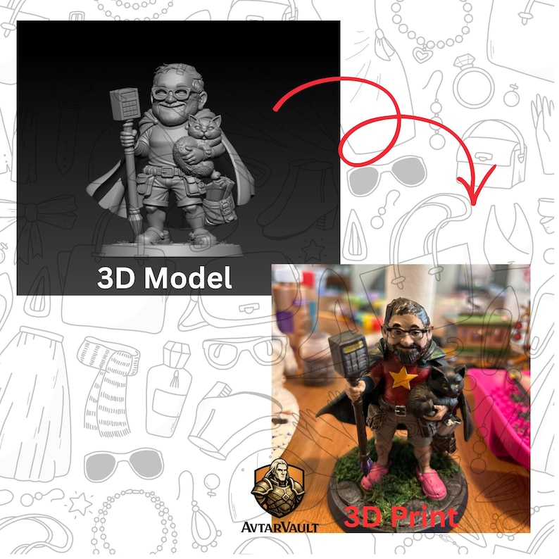 May include: A 3D model and a 3D print of a figurine featuring a person with glasses, a beard, and a cape, holding a staff with a rectangular top and a cat. The figure wears a shirt with a yellow star, shorts, and shoes, standing on a circular base.