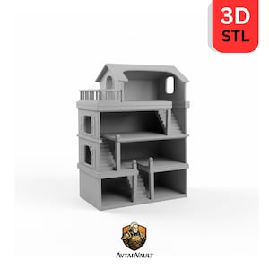 Peut inclure: Mod&egrave;le de maison miniature grise &agrave; trois &eacute;tages avec escaliers, balcons et fen&ecirc;tres cintr&eacute;es. Le mod&egrave;le comporte une petite structure de toit et est &eacute;tiquet&eacute; "3D STL" dans un encadr&eacute; rouge. Le logo "AvtarVault" est en bas.