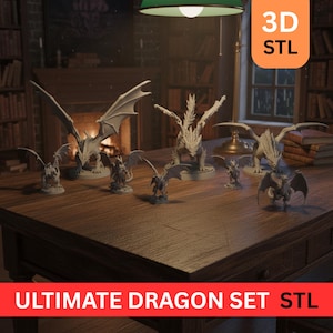 May include: A set of grey dragon figurines with detailed wings and features, displayed on a wooden table. The image includes the text "ULTIMATE DRAGON SET STL" and a "3D STL" logo, indicating a 3D printing design.