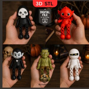 K&ouml;nnte beinhalten: Eine Sammlung von f&uuml;nf beweglichen 3D-gedruckten Figuren, darunter ein schwarzes Skelett mit Kapuze, ein roter Teufel mit Mistgabel, ein Vampir im Smoking, ein gr&uuml;nes Monster im Anzug und eine wei&szlig;e Mumie. Das Bild enth&auml;lt den Text 3D STL.