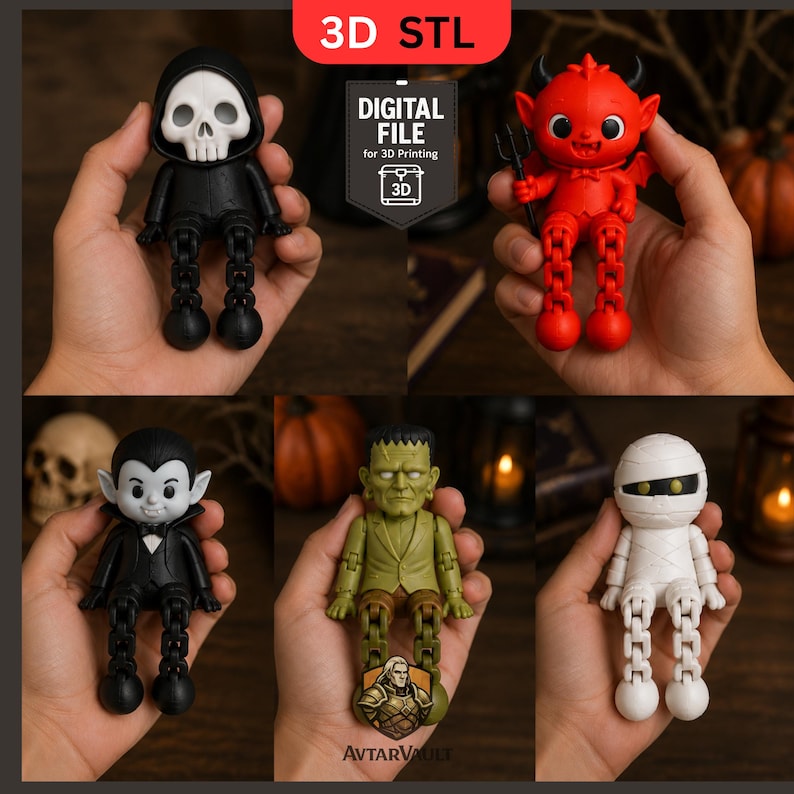 K&ouml;nnte beinhalten: Eine Sammlung von f&uuml;nf beweglichen 3D-gedruckten Figuren, darunter ein schwarzes Skelett mit Kapuze, ein roter Teufel mit Mistgabel, ein Vampir im Smoking, ein gr&uuml;nes Monster im Anzug und eine wei&szlig;e Mumie. Das Bild enth&auml;lt den Text 3D STL.
