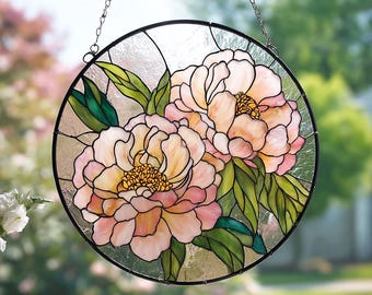 Peony Flower Stained Glass Suncatcher/Peony Window Hanging/Peony Gifts for Mom/Unique Botanical Art Window Hanging/Nature Inspired Art