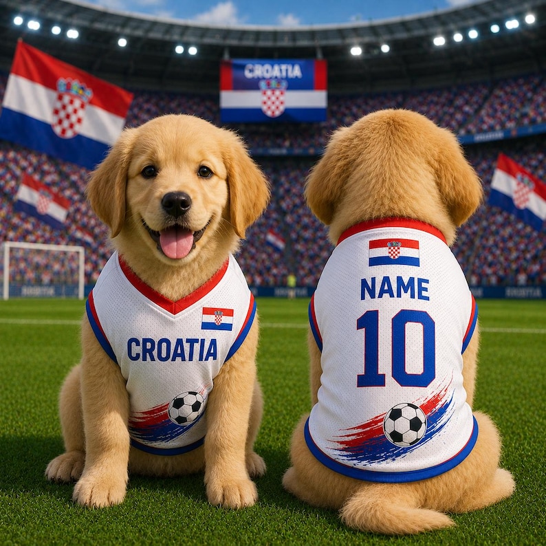 May include: Two golden retriever puppies wearing white mesh jerseys with red and blue trim. The front jersey features the text CROATIA, a small Croatian flag, and a soccer ball graphic. The back jersey displays the text NAME, 10, and a soccer ball.