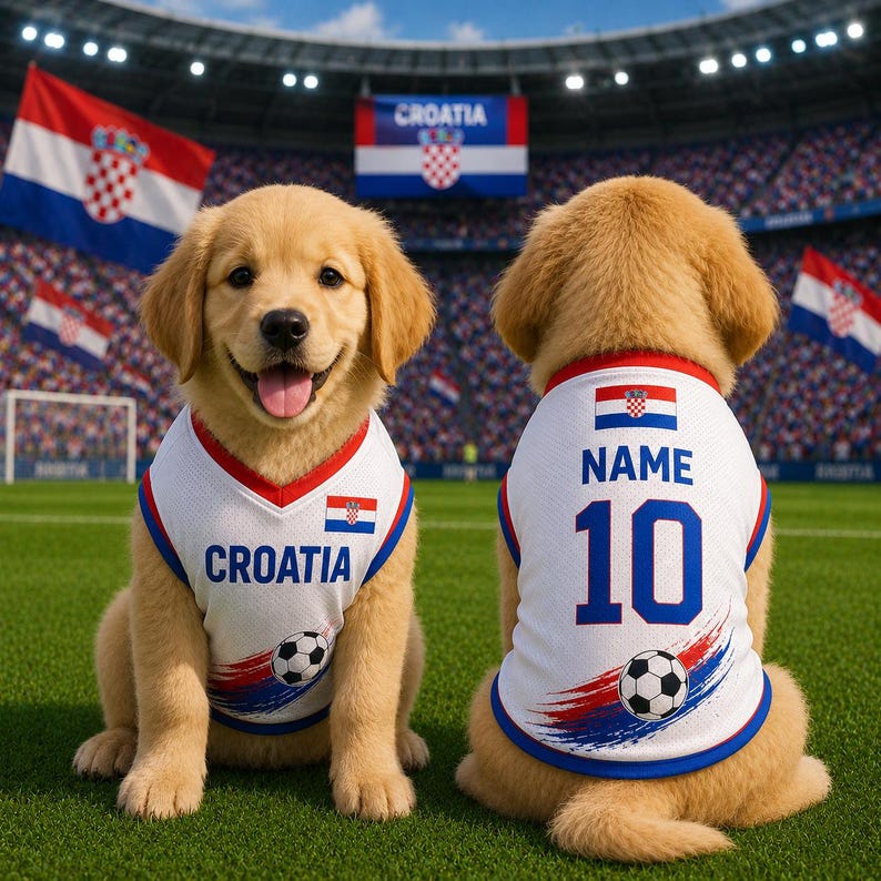 May include: Two golden retriever puppies wearing white mesh jerseys with red and blue trim. The front jersey features the text CROATIA, a small Croatian flag, and a soccer ball graphic. The back jersey displays the text NAME, 10, and a soccer ball.